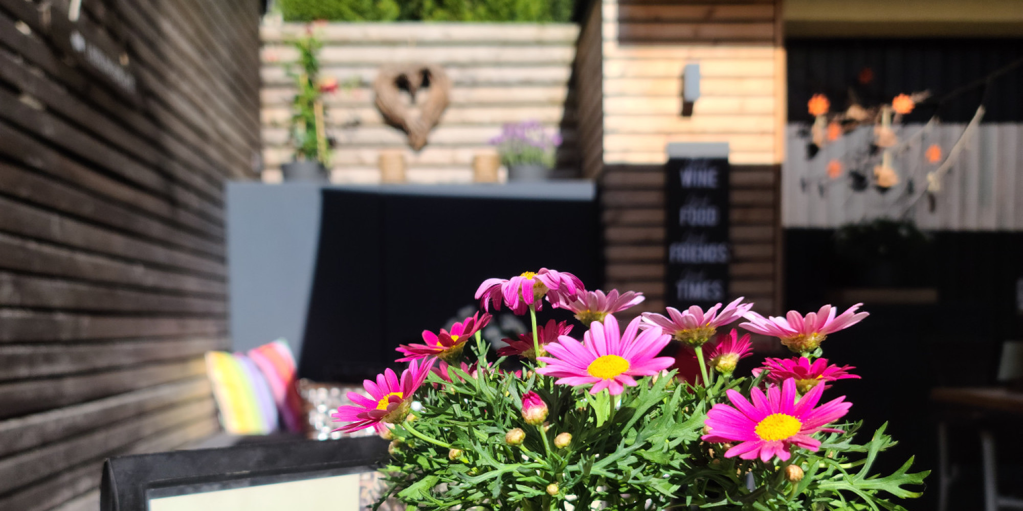 rosa Blumen auf der sonnigen Terrasse vor dem Schaukelpferd.