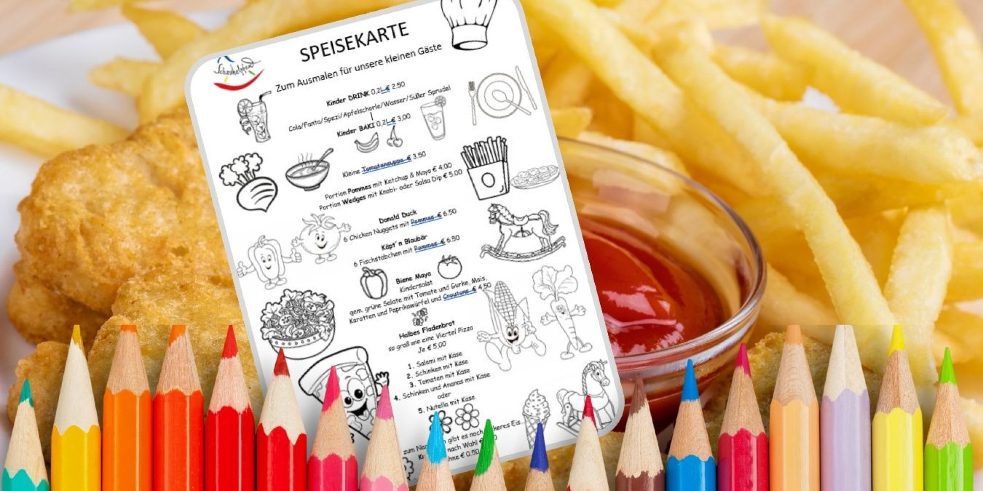 kinderkarte mit Stiften zum Ausmalen. Dahinter ein Kindergericht mit Pommes und Chicken Nuggets.